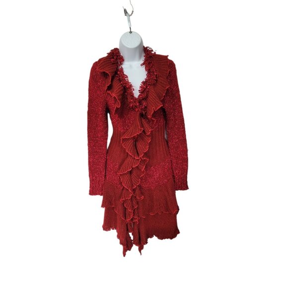 Womens Long Ruffle Cardigan Sweater S Metallic Red Horn Toggle Button - Picture 3 of 11